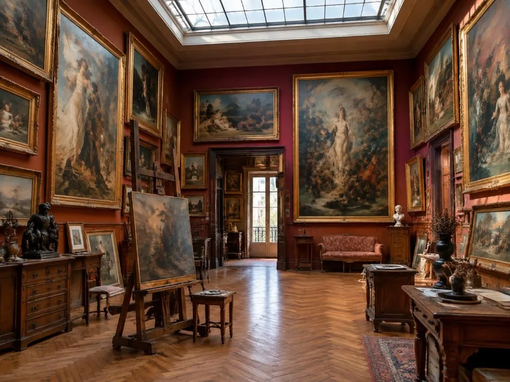 Le grand atelier du musée Gustave Moreau, toiles accrochées du sol au plafond