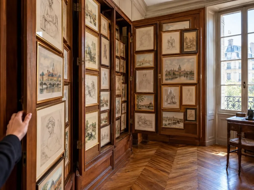 Un meuble à volets pivotants contenant les dessins de Moreau